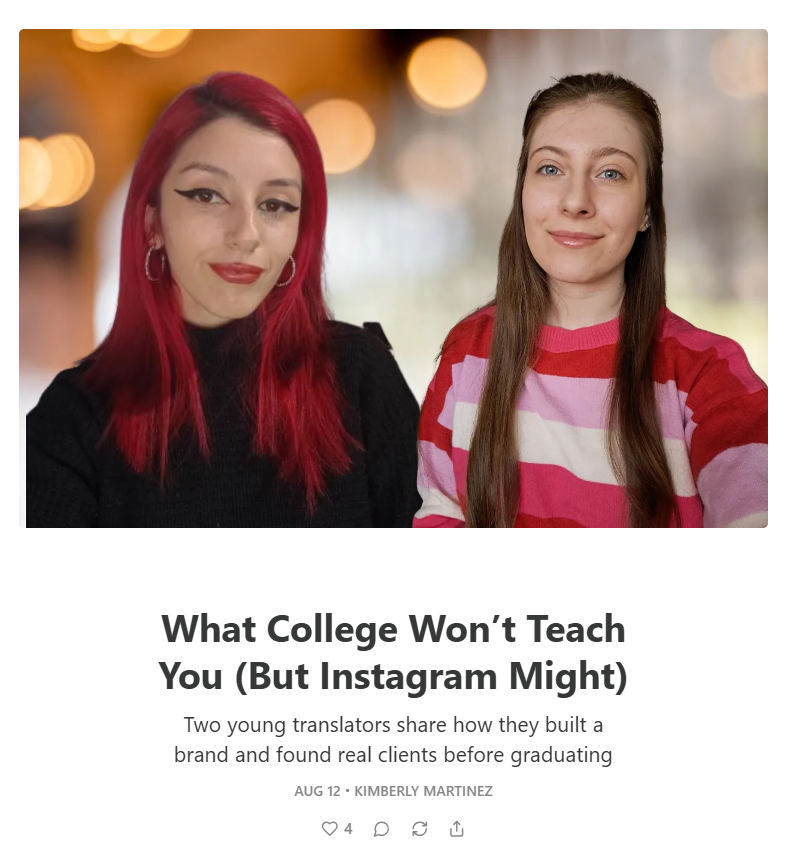 what college wont teach you but instagram might - kimberly martinez - bright translations - substack - Luisina Gisel Harvertz Hefling - Traducaholic